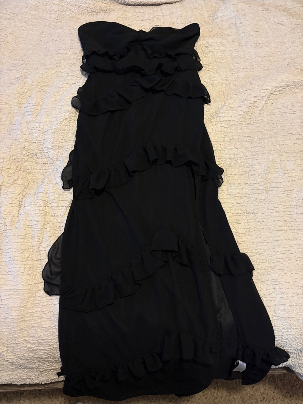 PrettyLittleThing Black Strapless Ruffle Maxi Dress